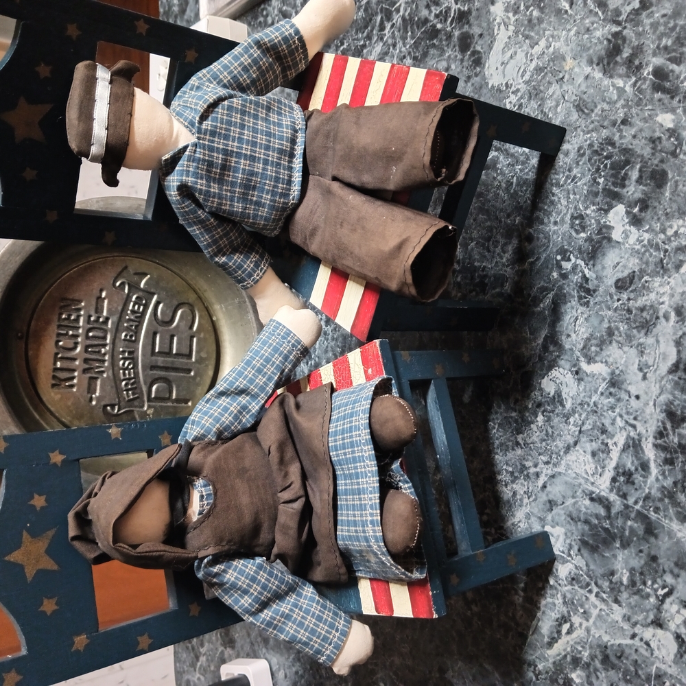 Pair Of Patriotic Wooden Chairs & Amish Dolls